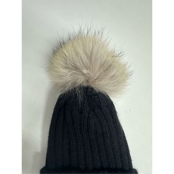 Moncler Wool Blend Beanie Hat Black Fur Pompon Logo One Size Adult - Picture 2 of 6
